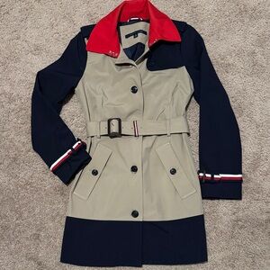 Tommy Hilfiger Beige and Navy Trench Coat with Red Collar